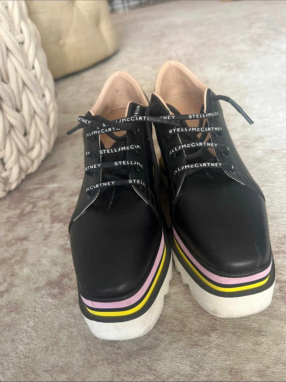 Stella McCartney Black Platform Sneakers with Pink & Yellow Layered Sole
